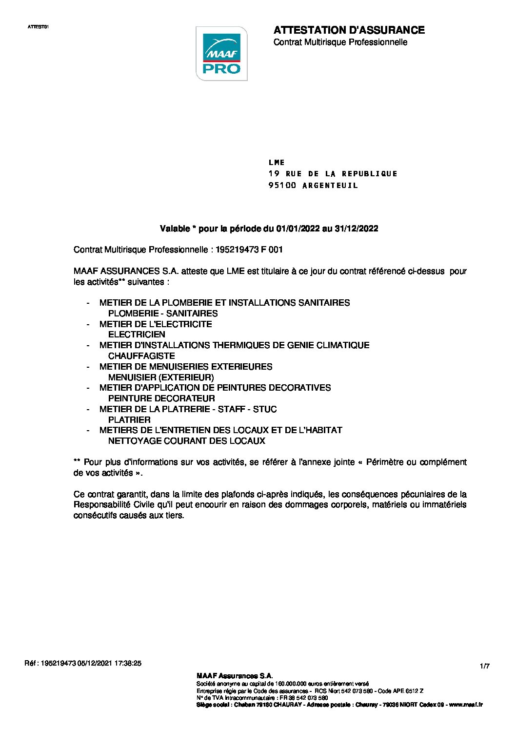 Multirisque Professionnelle validite 2022