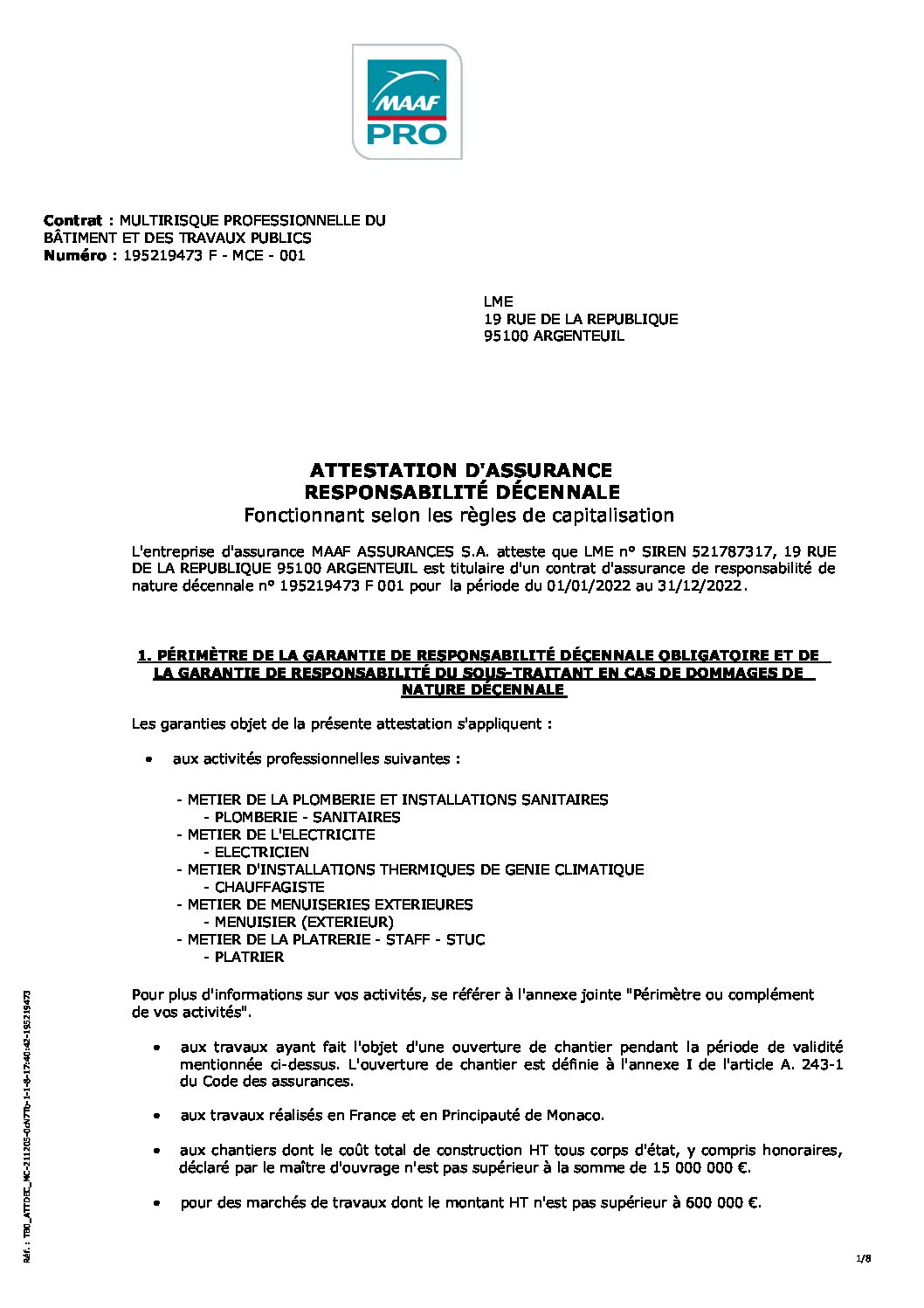 Responsabilité Décennale validité 2022